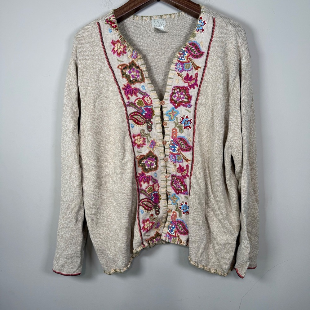 Sigrid Olsen Silk Blend Boho Floral Embroidered Placket Sweater Cardigan 3X READ